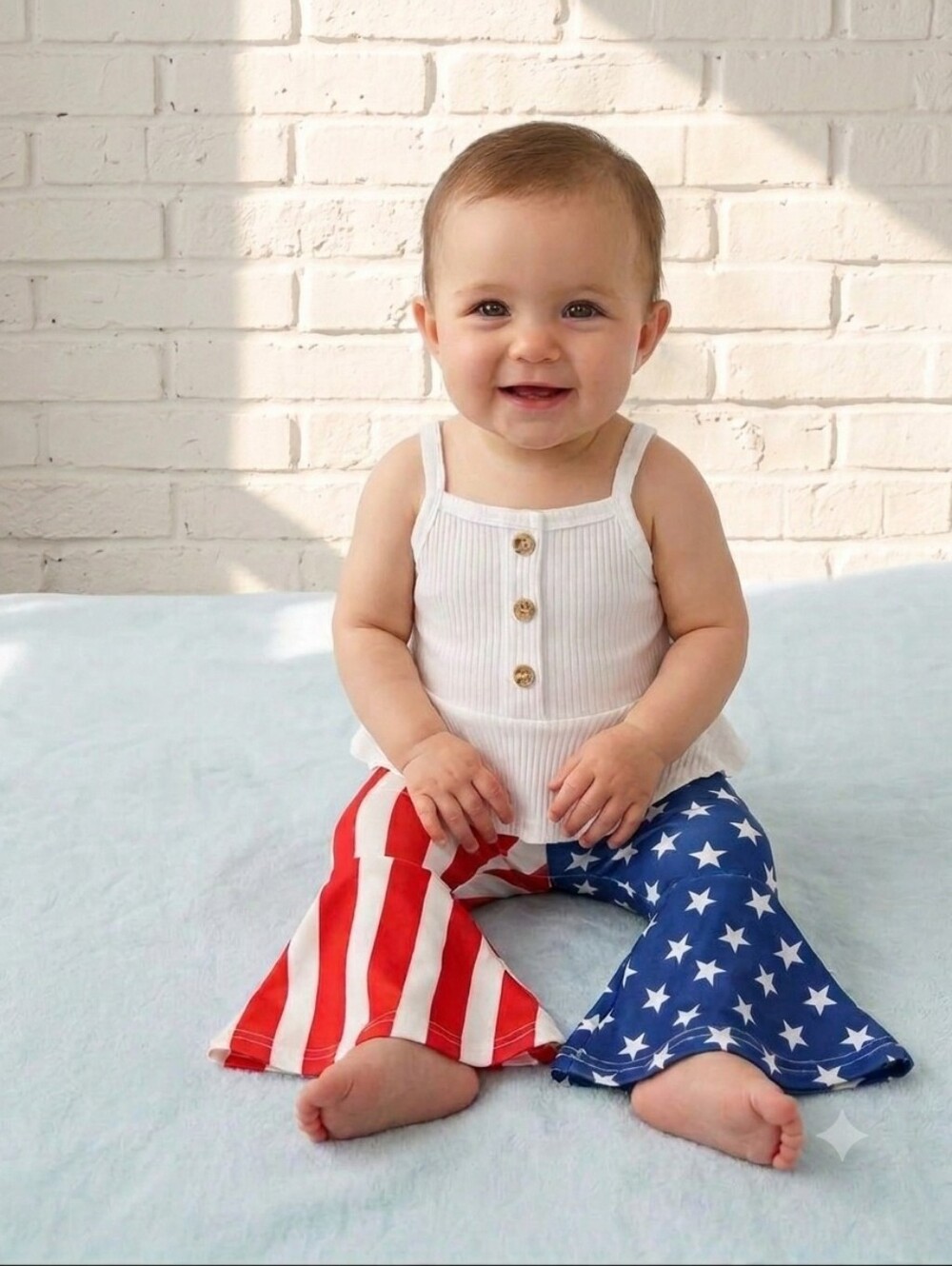 Baby Girl Patriotic Bell Bottom Outfit Stars & Stripe 4th of July Boho Set 9-12M